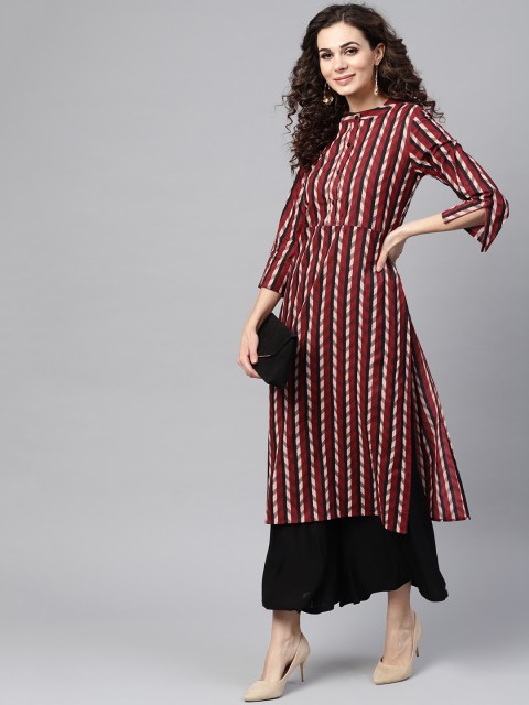 

Nayo Women Maroon & Black Striped Printed Straight Kurta