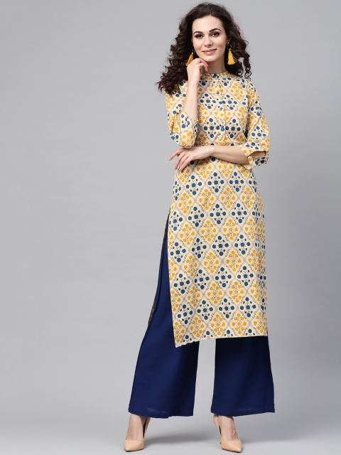 

Nayo Women Cream-Coloured & Yellow Printed Straight Kurta