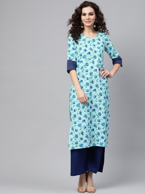 

Nayo Women Blue & Green Floral Print Straight Kurta