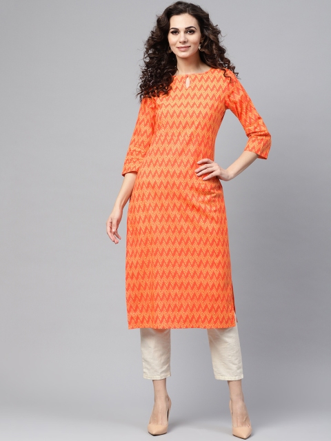 

Nayo Women Orange & Yellow Printed Straight Kurta