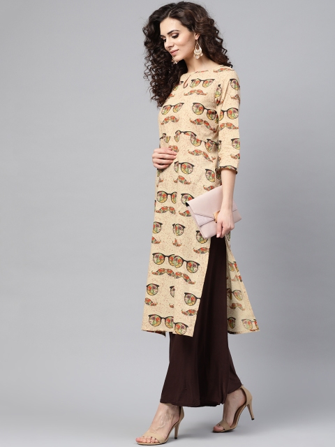 

Nayo Women Beige & Red Quirky Printed Straight Kurta