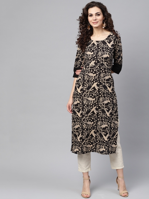 

Nayo Women Black & Beige Quirky Print Straight Kurta