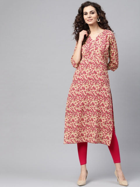 

Nayo Women Beige & Pink Printed Straight Kurta