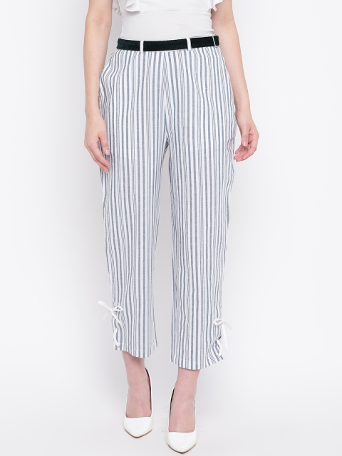 

LA LOFT Women Off-White & Green Relaxed Straight Fit Striped Cropped Trousers