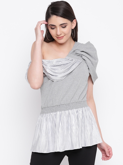 

LA LOFT Women Silver Solid One-Shoulder Cinched Waist Top