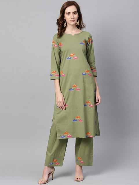 

AASI - HOUSE OF NAYO Women Green Printed Kurta with Trousers