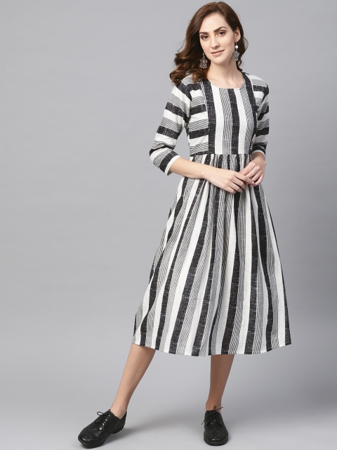 

AASI - HOUSE OF NAYO Women White & Black Striped Midi A-Line Dress