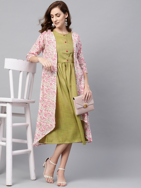 

AASI - HOUSE OF NAYO Women Olive Green & White Solid Midi A-Line Dress with Ethnic Jacket