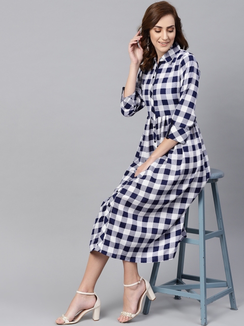 

AASI - HOUSE OF NAYO Women White & Navy Blue Checked Midi Shirt Dress