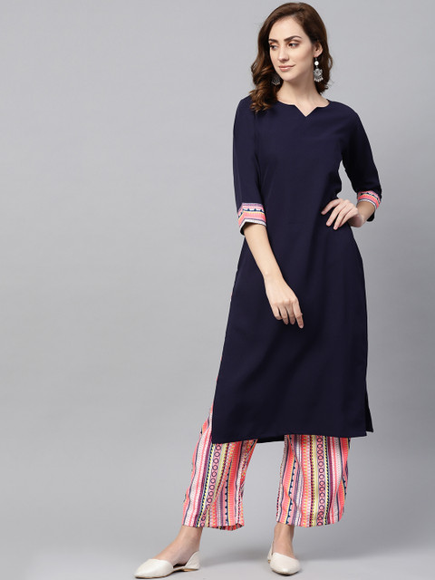 

AASI - HOUSE OF NAYO Women Navy Blue Solid Kurta with Palazzos