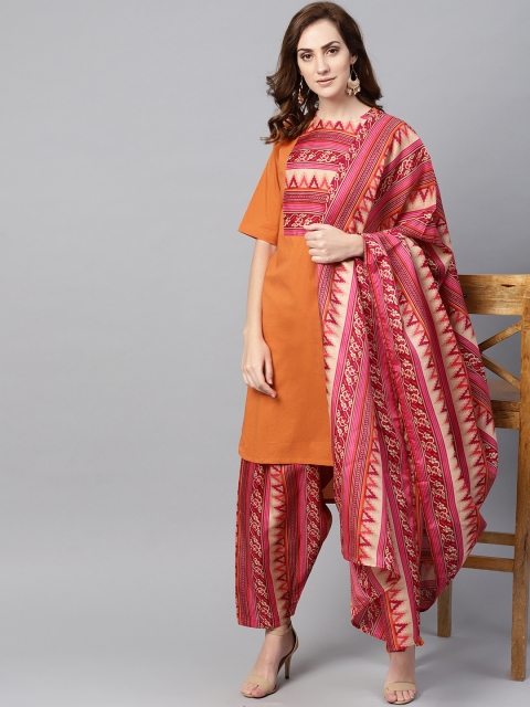 

AASI - HOUSE OF NAYO Women Rust Orange & Pink Yoke Design Kurta with Palazzos & Dupatta