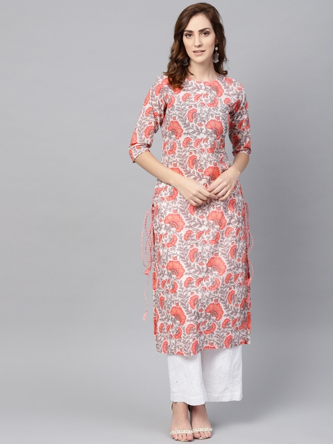 

AASI - HOUSE OF NAYO Women White & Coral Pink Floral Print Straight Kurta