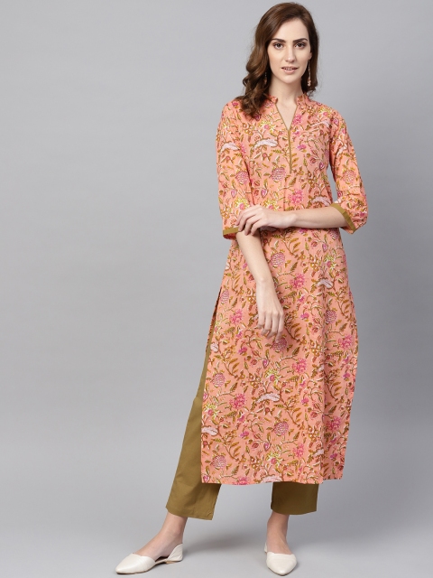 

AASI - HOUSE OF NAYO Women Peach-Coloured & Olive Green Printed Kurta with Trousers