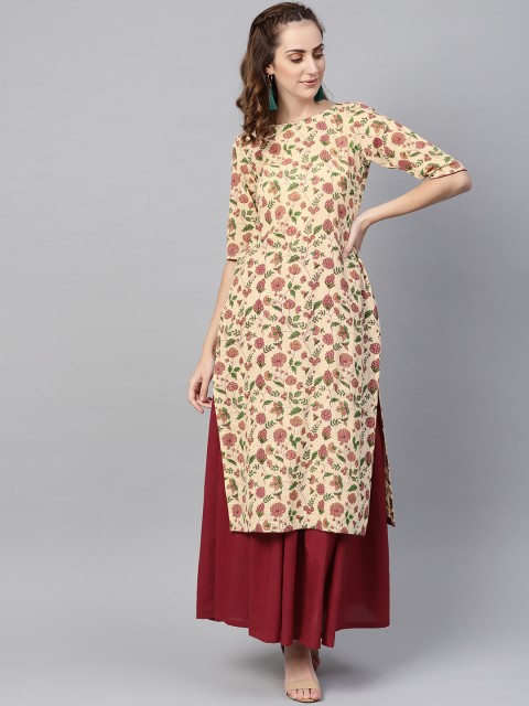 

AASI - HOUSE OF NAYO Women Cream-Coloured & Maroon Printed Kurta with Skirt