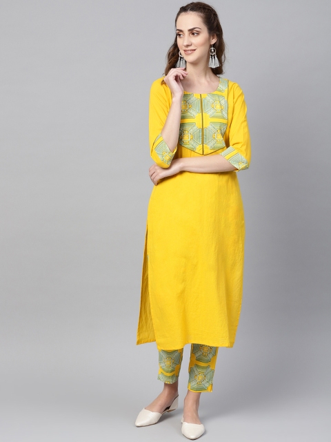 

AASI - HOUSE OF NAYO Women Yellow & Green Yoke Design Kurta with Trousers