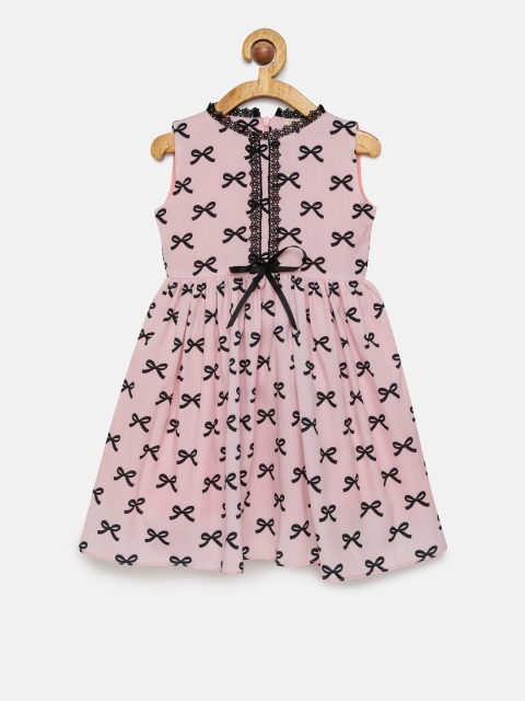 

mini miao Girls Pink & Black Printed Fit and Flare Dress