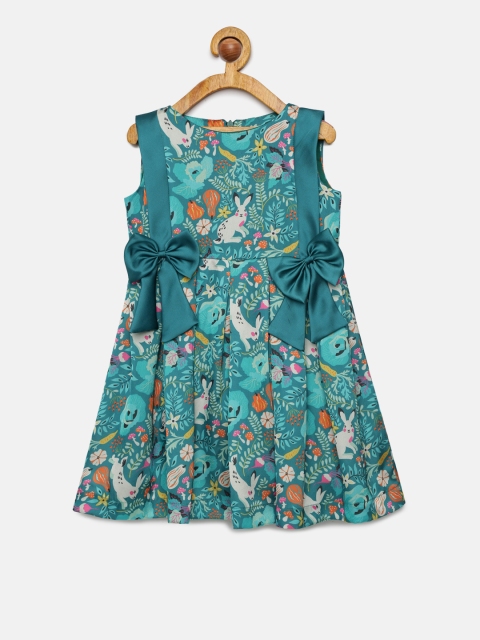 

mini miao Girls Green Printed Fit and Flare Dress