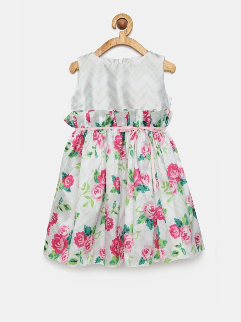 

mini miao Girls White & Pink Printed Fit and Flare Dress