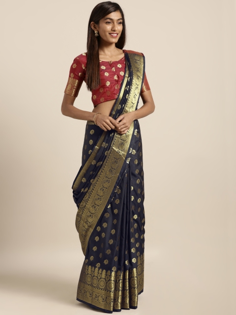 

KALINI Navy & Gold-Coloured Silk Blend Woven Design Saree, Navy blue