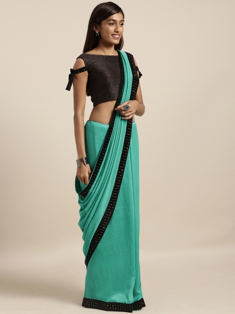 

Mirchi Fashion Teal Green & Black Silk Blend Solid Saree with Embellished Border