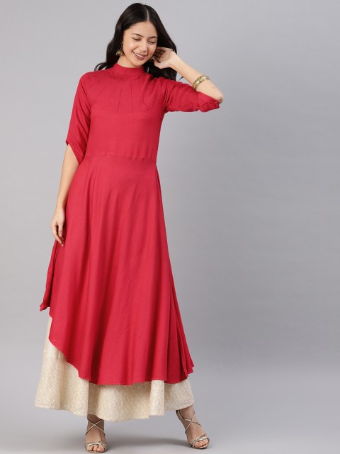 

Anyuka Women Pink Solid Round Neck Anarkali Kurti