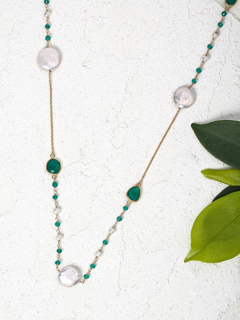 

Sepia Sterling Silver Long Chain With Natural Pearls & Green Onyx
