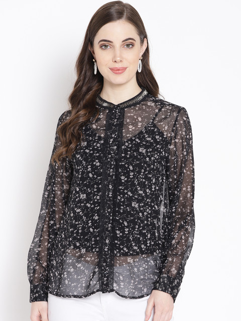 

Antheaa Women Black & Grey Regular Fit Printed Sheer Casual Shirt
