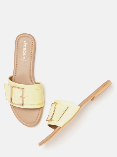 

DressBerry Women Yellow Solid Open Toe Flats with Buckle Detail