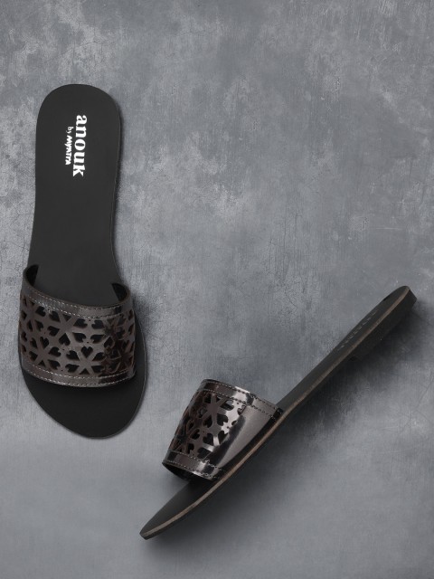

Anouk Women Gunmetal-Toned Solid Open Toe Flats with Laser Cuts Detail, Metallic