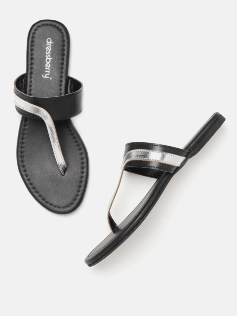 

DressBerry Women Black & Silver-Toned Colourblocked T-Strap Flats