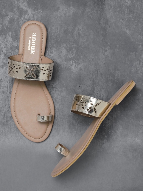 

Anouk Women Gold-Toned Solid One Toe Flats with Laser Cuts Detail