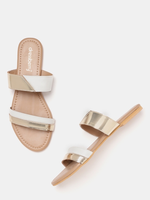 

DressBerry Women Gold-Toned & White Colourblocked Open Toe Flats