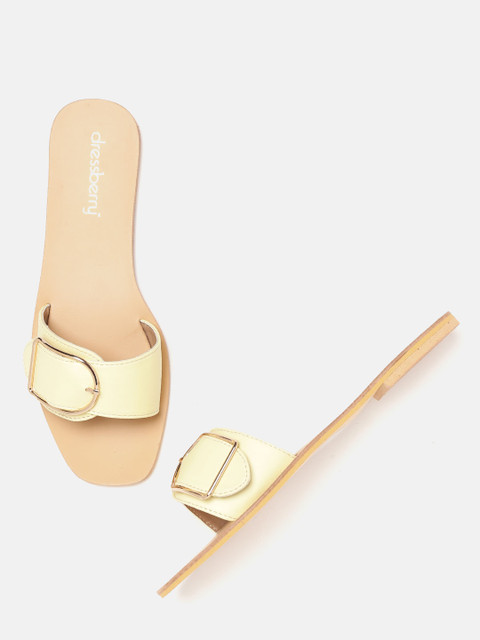 

DressBerry Women Yellow Solid Open Toe Flats with Buckle Detail