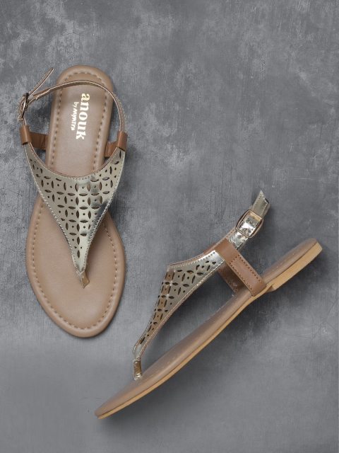 

Anouk Women Gold-Toned Solid T-Strap Flats with Laser Cuts Detail