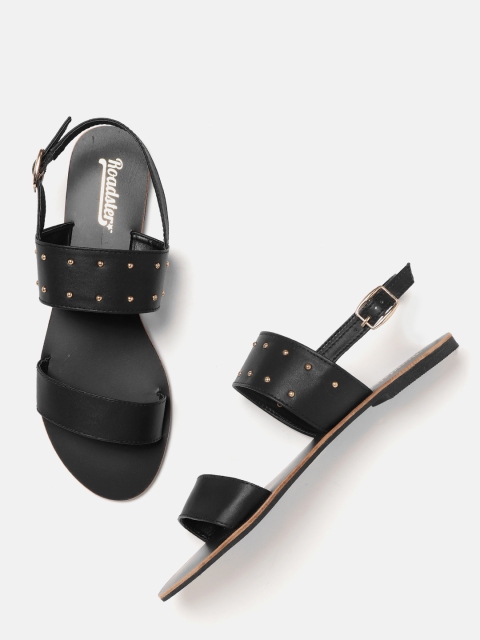 

The Roadster Lifestyle Co Women Black Studded Open Toe Flats
