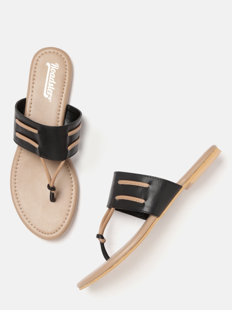 

Roadster Women Black & Beige Solid T-Strap Flats