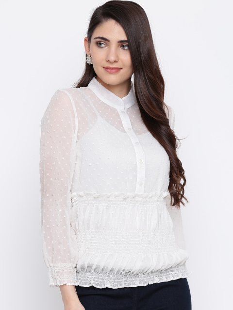 

DODO & MOA Women White Self Design Sheer Blouson Top