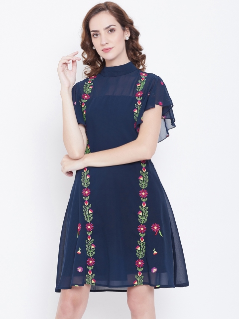 

DODO & MOA Women Navy Blue Embroidered A-Line Dress