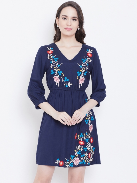 

DODO & MOA Women Navy Blue Embroidered A-Line Dress