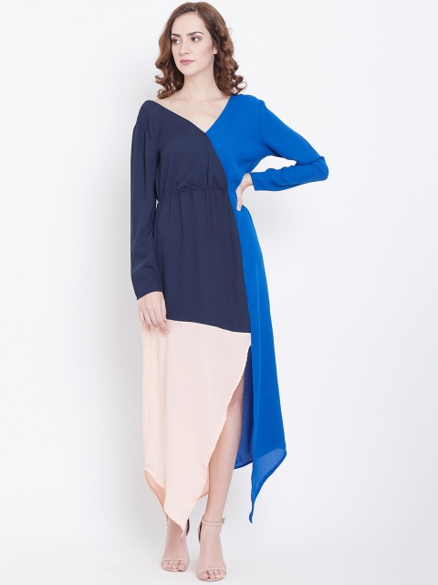 

DODO & MOA Women Blue & Peach-Coloured Colourblocked Wrap Dress
