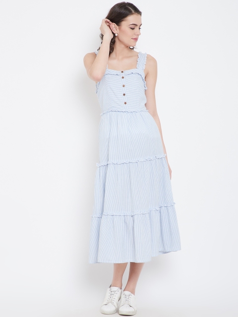 

DODO & MOA Women White & Blue Striped Tiered A-Line Dress