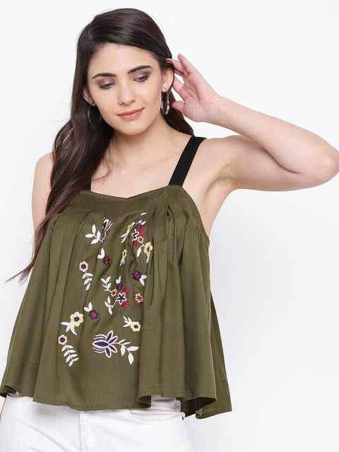 

DODO & MOA Women Olive Green Embroidered A-Line Top