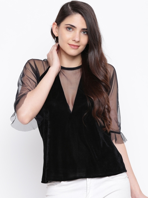 

DODO & MOA Women Black Solid Semi-Sheer Top