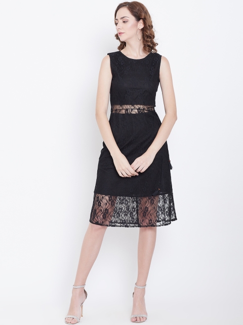 

DODO & MOA Women Black Lace Semi-Sheer A-Line Dress
