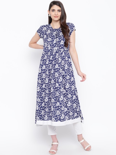 

DODO & MOA Women Navy Blue & Off-White Floral Printed A-Line Kurta