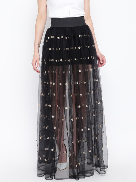 

DODO & MOA Women Black & Golden Embellished Net Maxi Flared Skirt