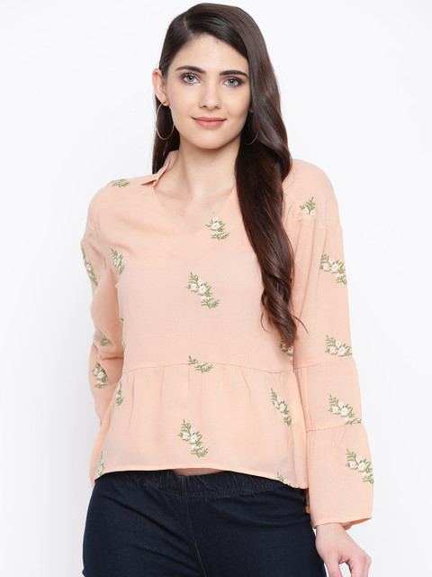 

DODO & MOA Women Peach-Coloured Embroidered A-Line Top