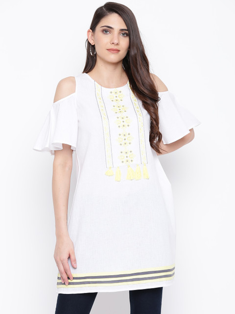 

DODO & MOA Women White & Yellow Yoke Design A-Line Kurta