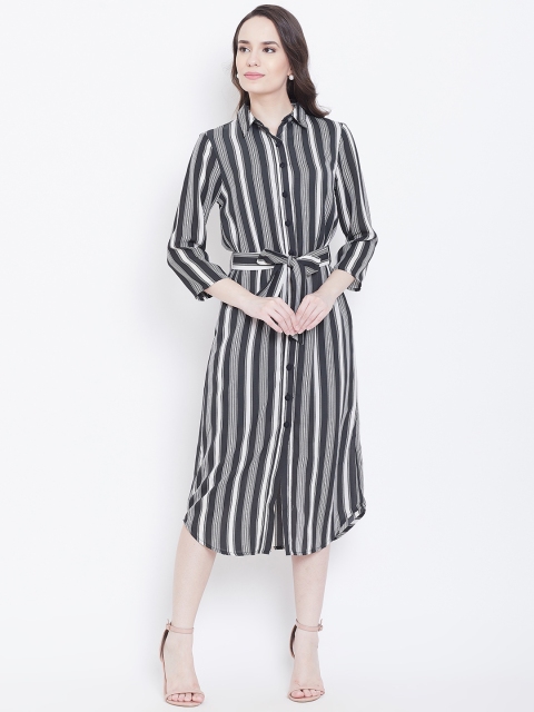 

DODO & MOA Women Black & Off-White Striped Shirt Dress