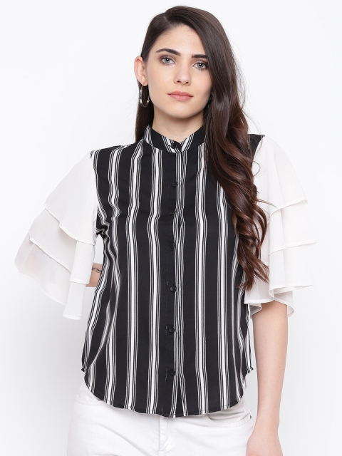 

DODO & MOA Women Black & White Striped Shirt Style Top